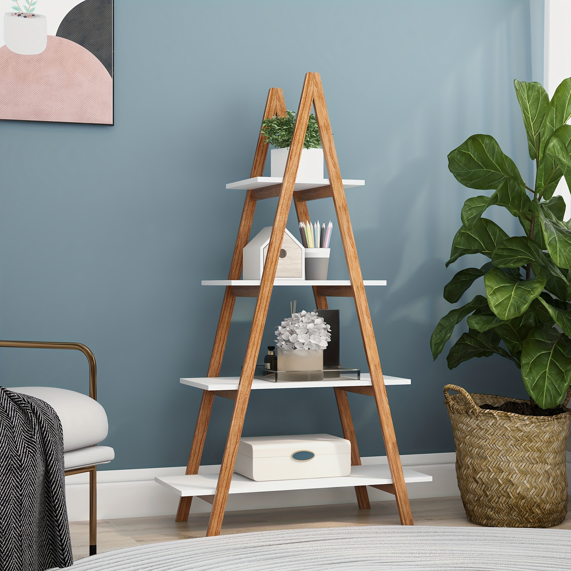 

1pc 5-tier A-frame Ladder Shelf, Solid Bamboo Wood Material, Freestanding Display Bookshelf, Plant Stand Storage Rack, For Home & Office Decor
