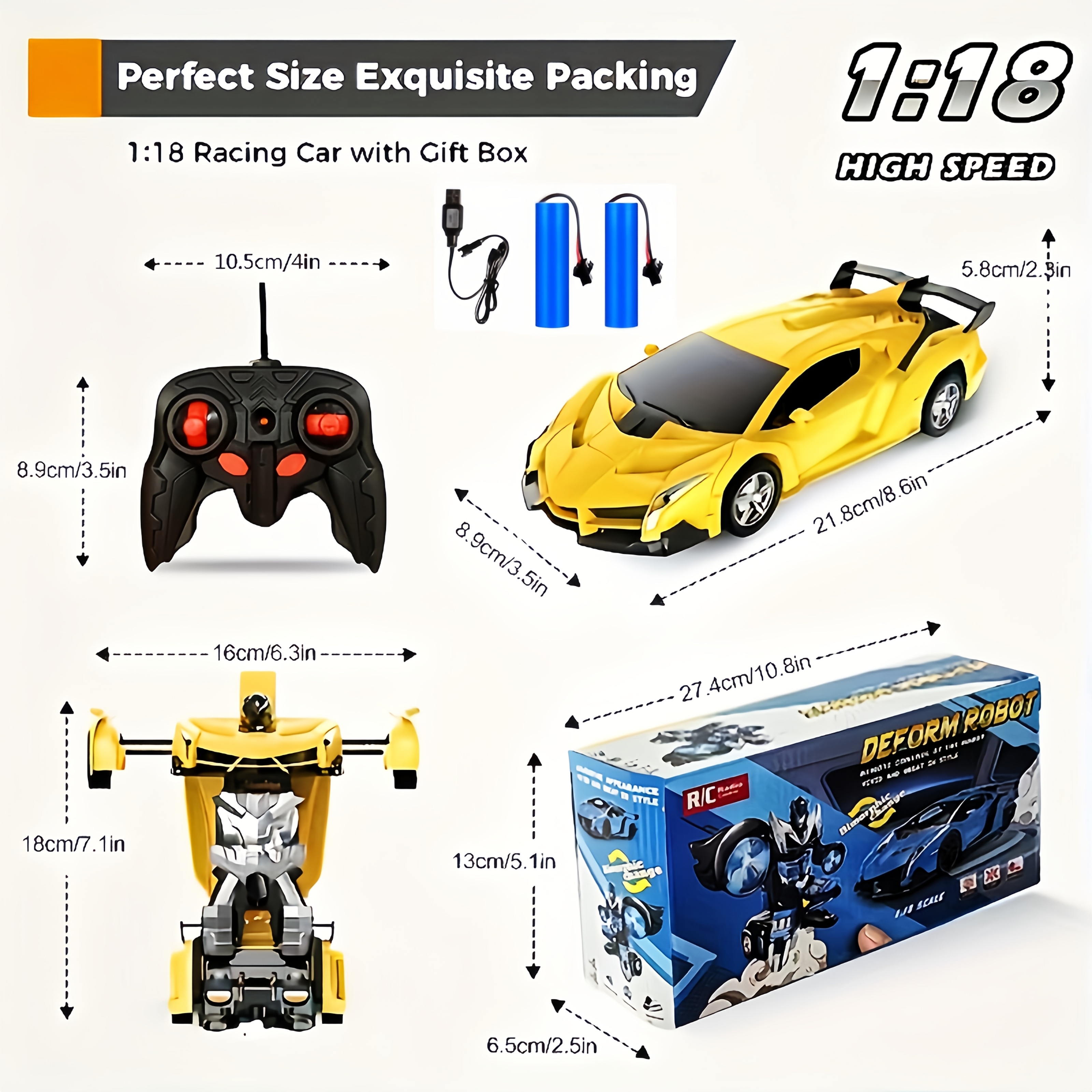 TEMU 1:18 Scale Rc Car - Remote Control Toy Car, Transformable Robot Remote Control Car, Toy Car, 360-degree Rotation, With Led, 16km/h [rechargeable