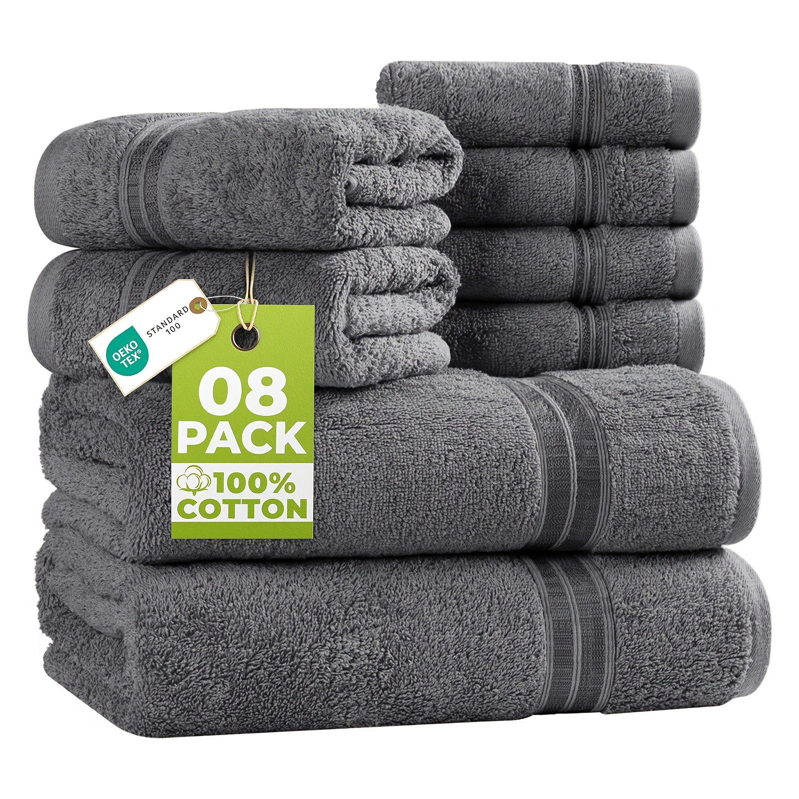 Image of Cotton Towel Set, 600gsm, Absorbent And Soft, 8pcs Set, Including 2 Bath Towels (70x140 Cm), 2 Hand Towels (50x100 Cm), And 4 Guest Towels (30x50 Cm)