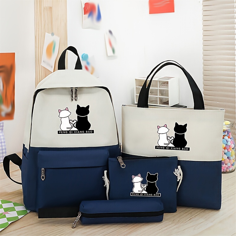 

Women's Bag Set With Cat Applique, Lightweight Fabric With Adjustable Straps, Animal Print, Zipper Closure, Polyester Lined, Anime Themed - Black & White Cat Design