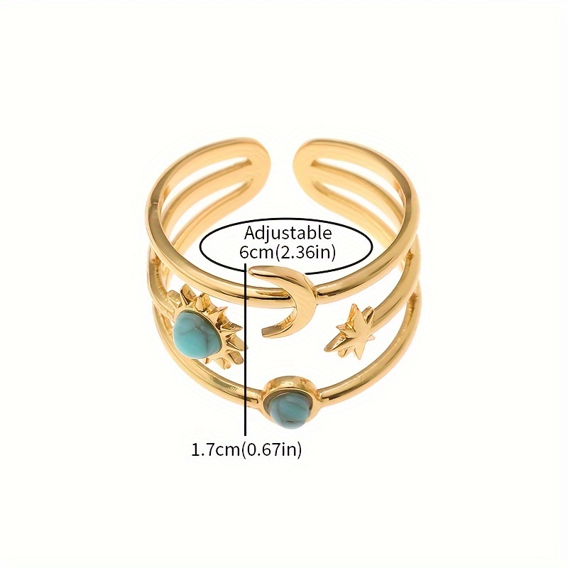 Adjustable Stainless Steel Ring with Moon Star Sun Turquoise Inlay