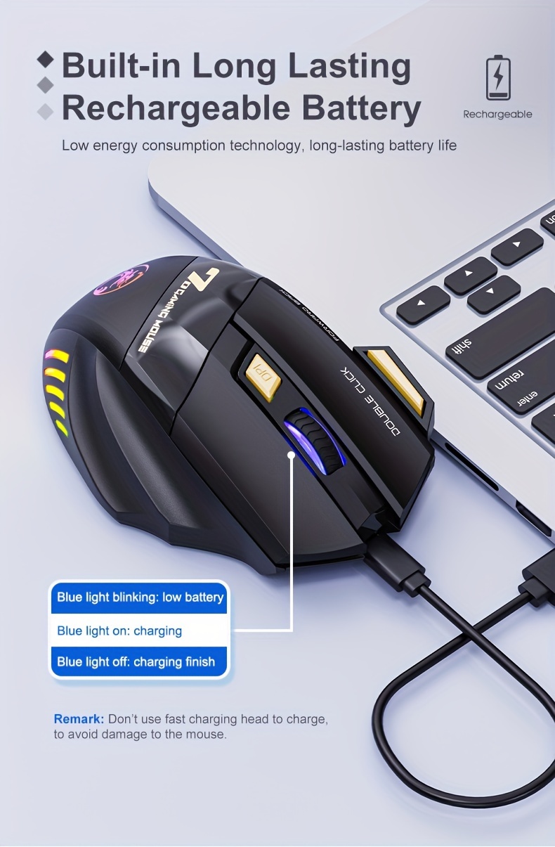 USB Wiederaufladbare Maus mit 7 Tasten, 2.4G Leiser Betrieb, 7-Farben Atmungsaktive LED, Kabellose Gaming Maus, Ergonomisches Design mit RGB Hintergrundbeleuchtung, Geeignet für Laptops