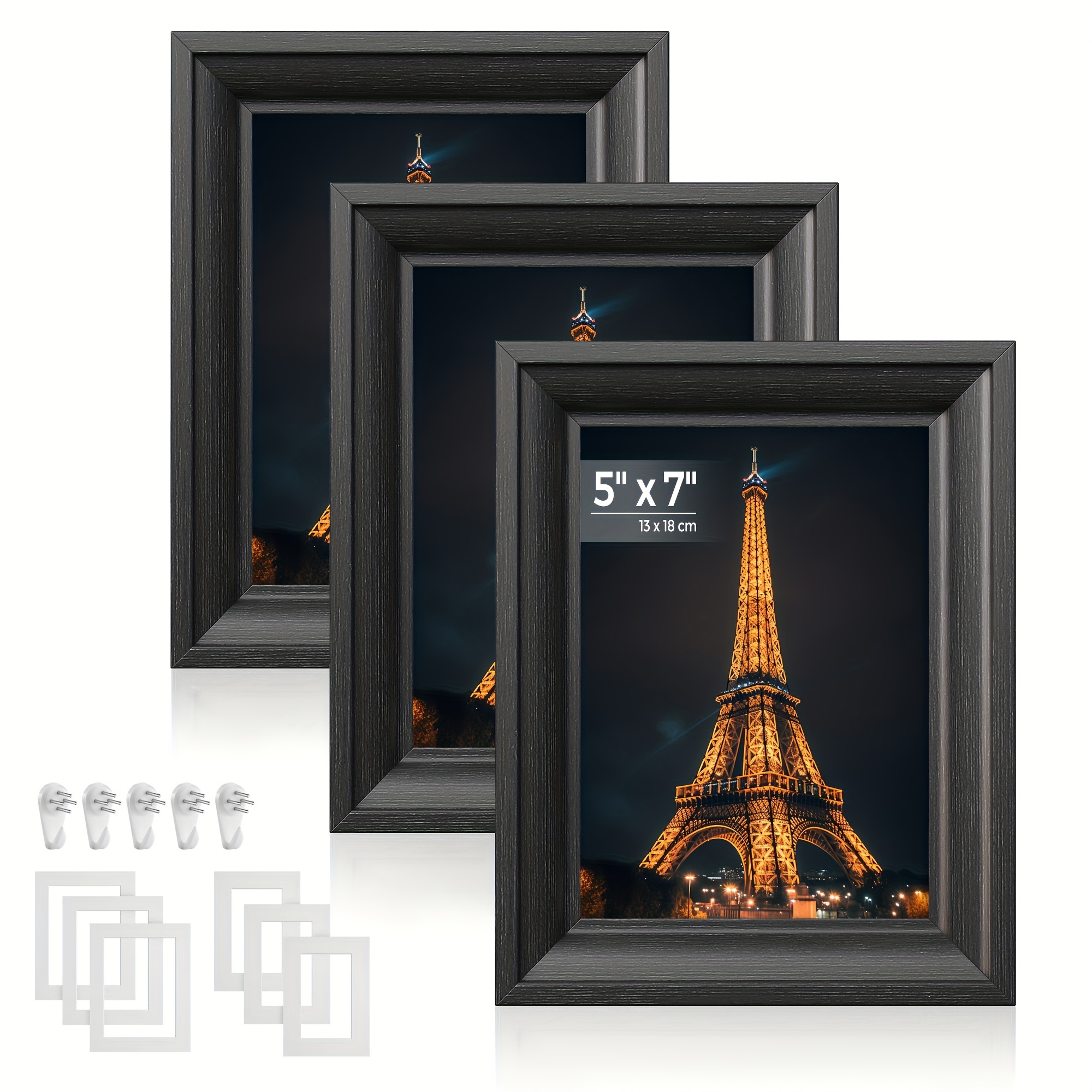 

3pcs/set 5x7 Picture Frames With 6 Mats For Wall, Set Of 3, Collage Photo Frames For 5x7, 4x6, 3.5x5 Pictures, Hanging Or Table Display, Glass Front, 5 Non-trace Nails