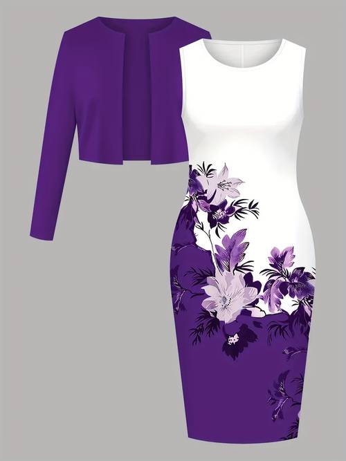 womens spring and summer casual and elegant high solid color cardigan and floral print dress 2pcs set fabric comfortable