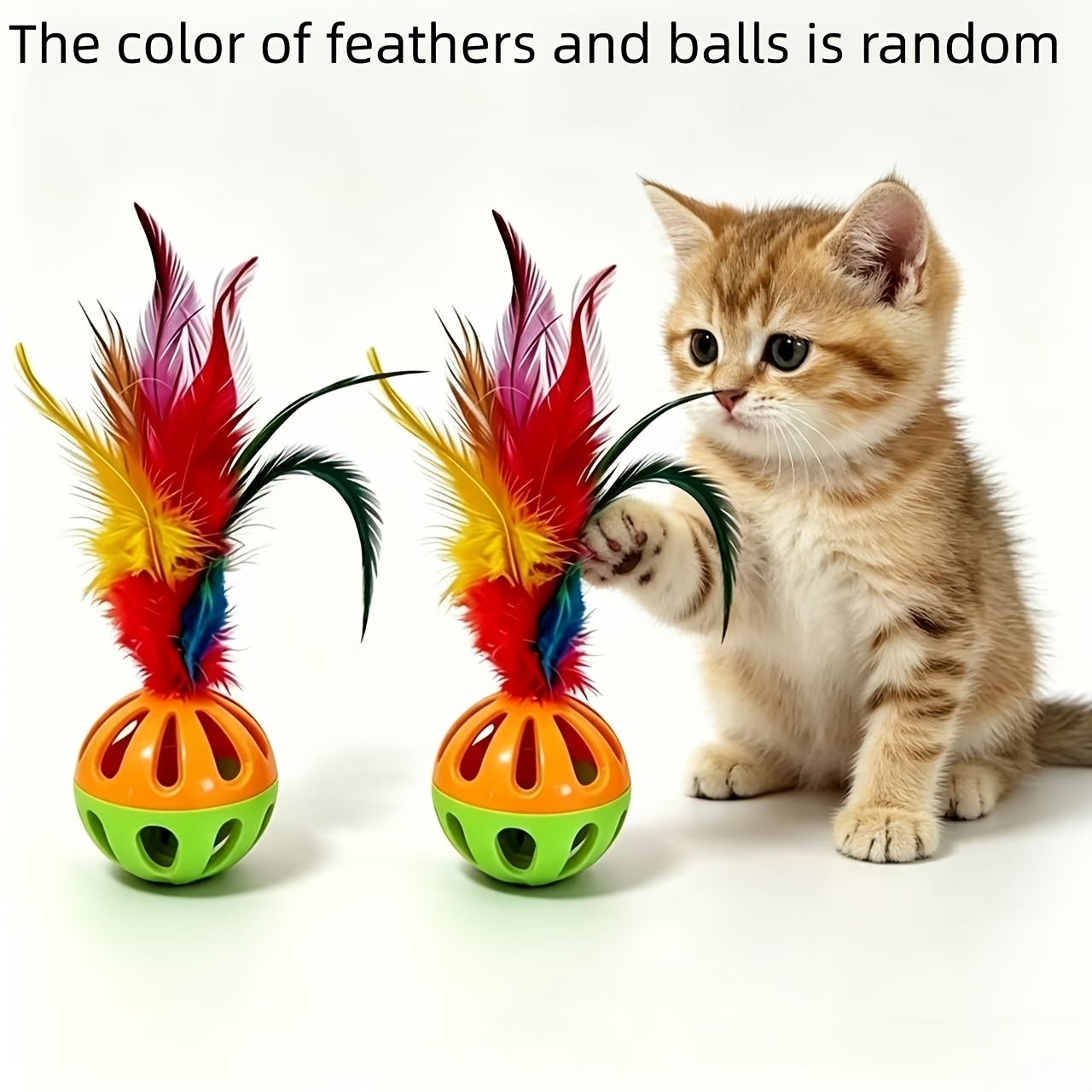 TEMU 2pcs Colorful Bell Feather Cat Toy Ball | Interactive Sound Pet Toy | Attracts Cats To Play And Stimulates Hunting | Indoor Kitten Training