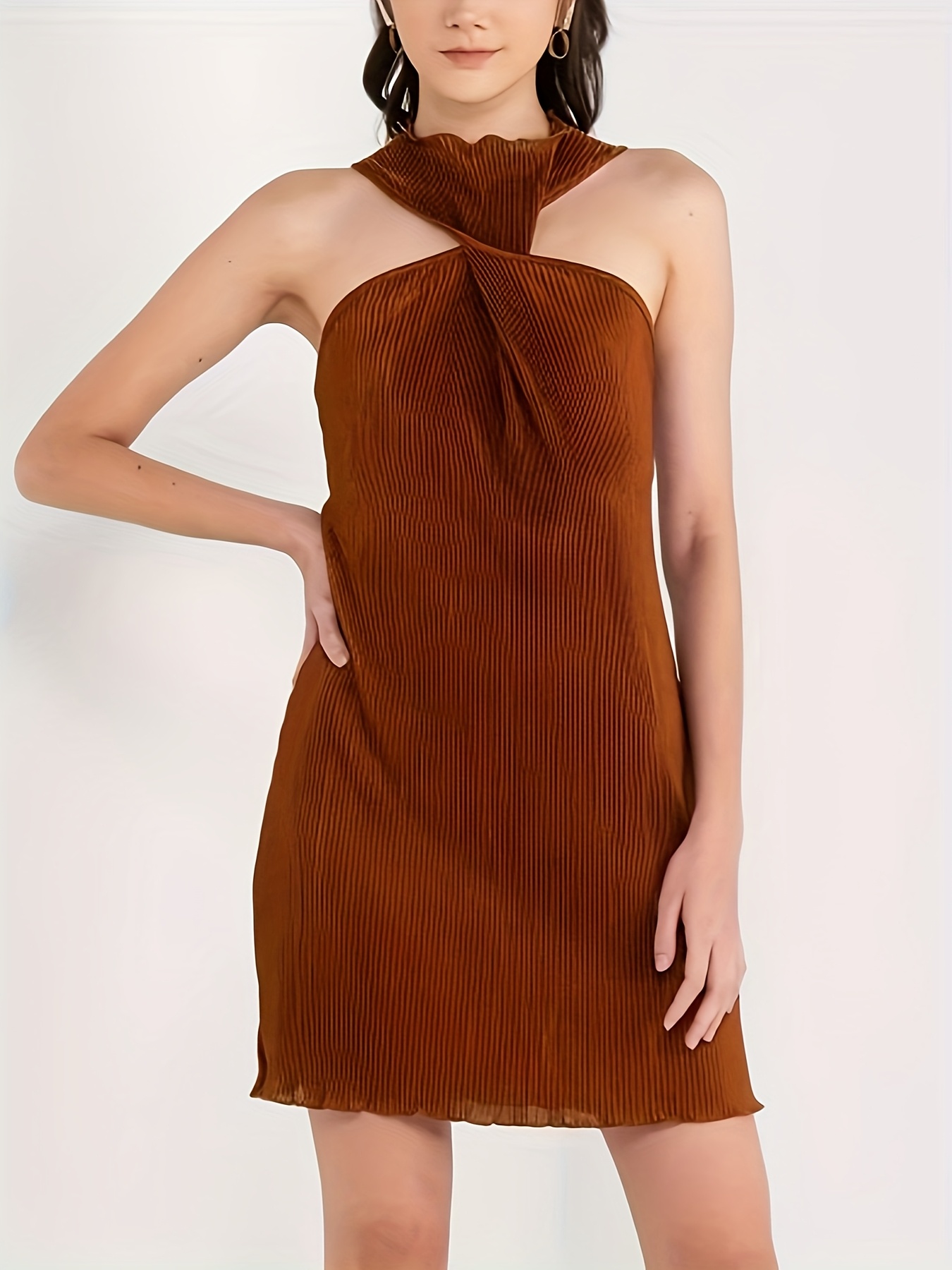 Women'S Chic Halter Neck Sleeveless Dress - Rust Brown, Ruched Fabric,  Short, Loose Fit * Casual, Office, and Social * Casual Attire|Chic Halter  ...