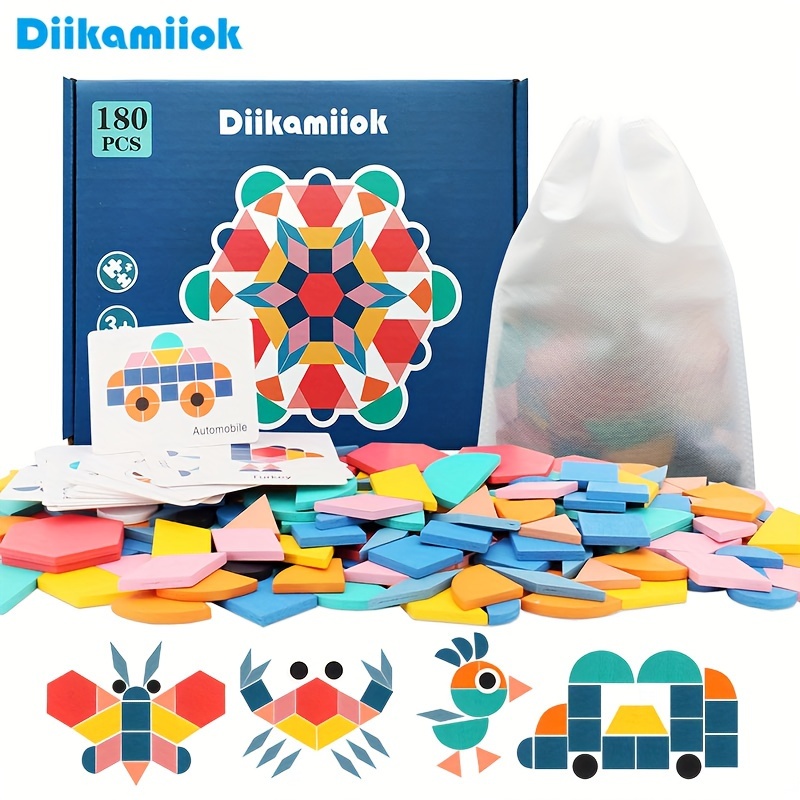 

Diikamiiok 180pcs Kids Wooden 3d Puzzles - Colorful Geometric Shapes, Tangram Jigsaw Game - Educational Toys For Children's Montessori Learning