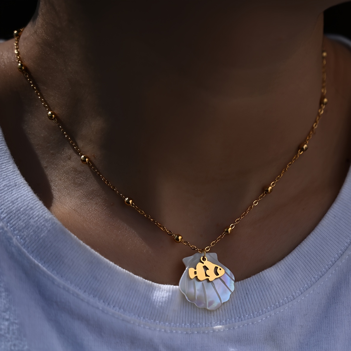 Ocean Series Golden Bead Chain Necklace with Seashell & Devil Fish