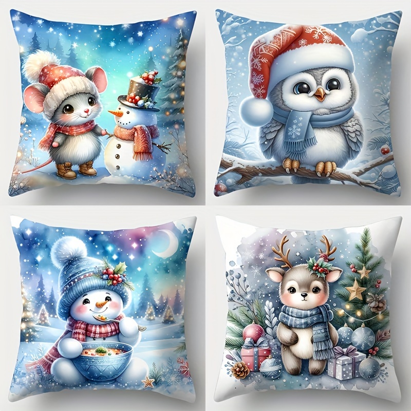 

4- Christmas , 17.7x17.7 , , Polyester, Zippered, , Printed Snowman & , Sofa For Decor