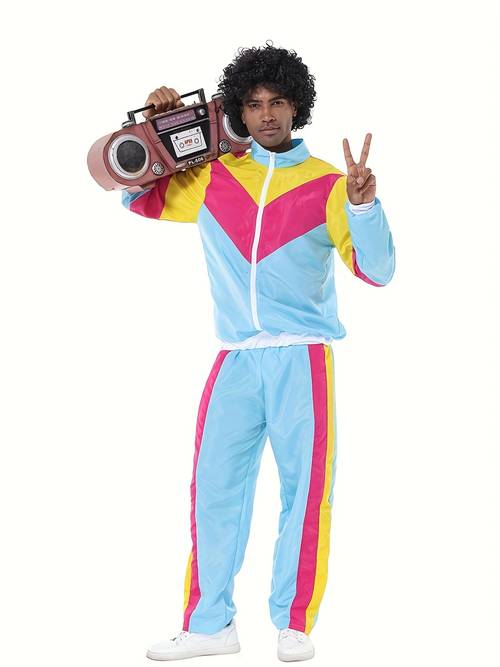 disco hip hop cosplay costume tracksuit with portable music player white sneakers casual polyester stage performance attire stage costume polyester tracksuit