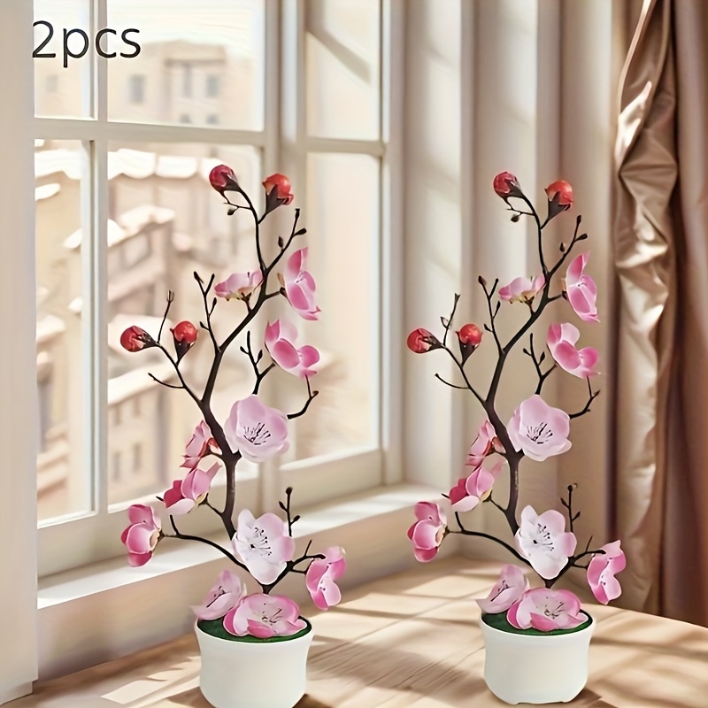 Image of 2-pack Elegant Faux Plum Bonsai Plant, Pink Potted - Lifelike Plum Blossoms, Perfect For Home, Office, Wedding Decor And Fall/winter Celebrations, Plum Artificial Flowers