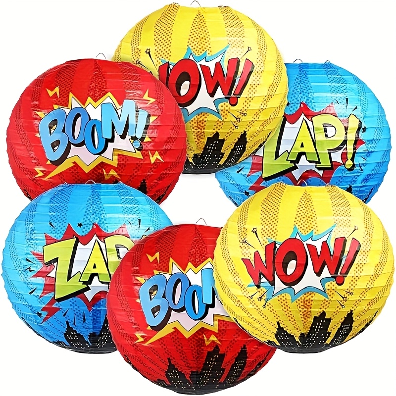 Image of 6pcs Hero Theme Hanging Paper Lanterns, Boys' Adult Birthday Party Decorations With Superhero Cartoon Characters