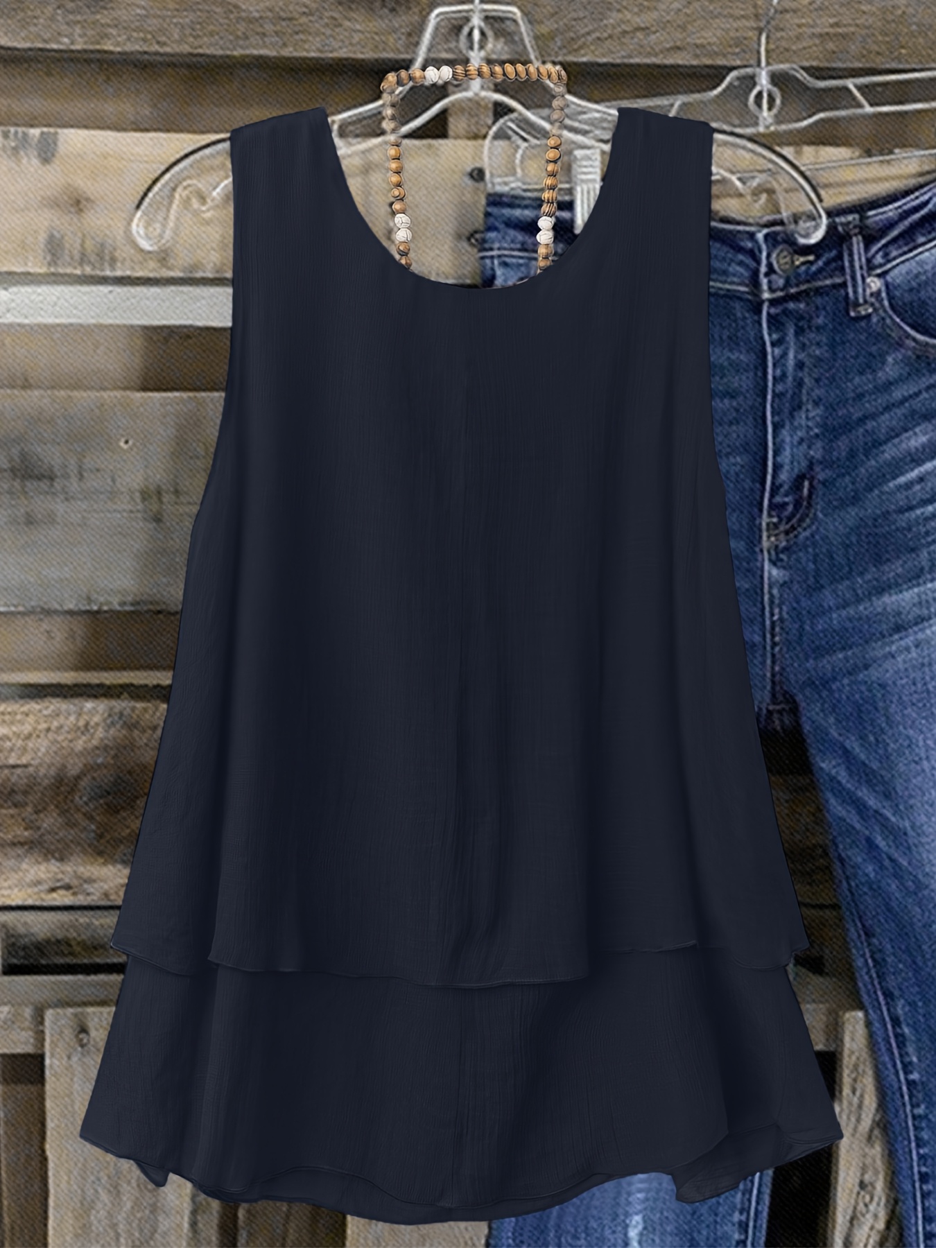 Women's Plus Size Sleeveless Elegant Top - Lightweight Breathable Blue Round Neck Vest, Machine Washable Spring Summer Casual Wear, Elegant Special Line Collection, Sophisticated Design, Textured Fabric