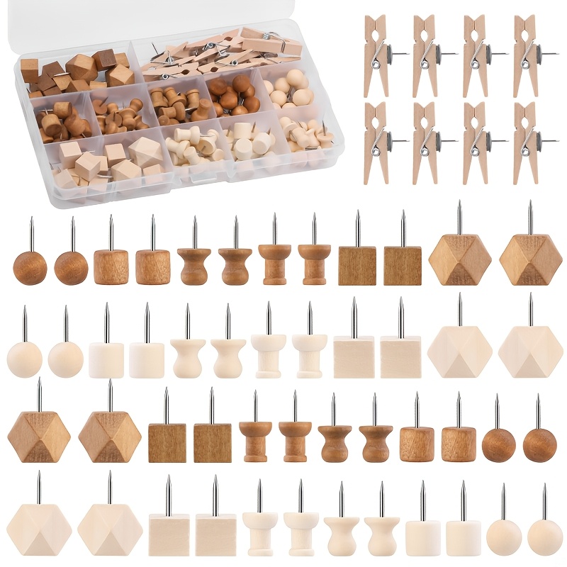 Image of 114pcs Decorative Wooden Head Pins In 2 Colors And 7 Types - Thumb Tacks For Crafts And Bulletin Boards, With Storage Box