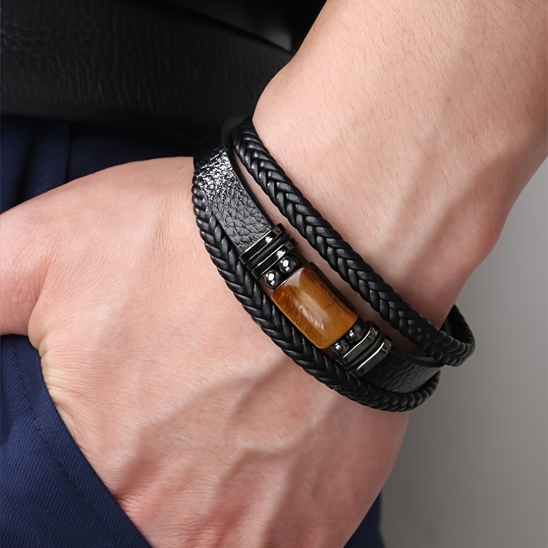 

Bracelet Multicouche pour Hommes avec Perle en Œil de Tigre & Accents en Similicuir Noir - Bijoux Fantaisie en Pierres Naturelles pour Tenue Décontractée, Bijoux Œil de Tigre