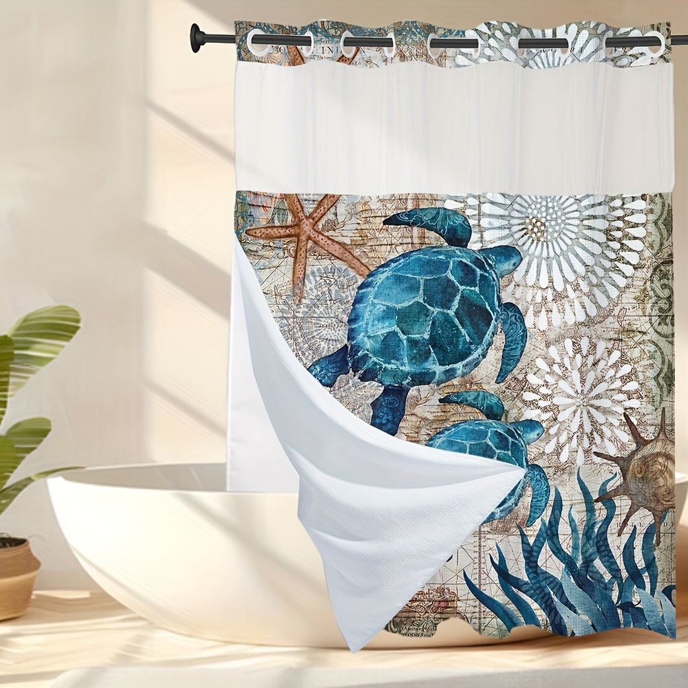 

Sea Retro Ocean Waffle Shower Curtain No Hooks With Liner Mold And Resistant, Hotel Luxury Weave Fabric Bathroom Decor Set Bath Waterproof Washable 72 W X 74 H Inches