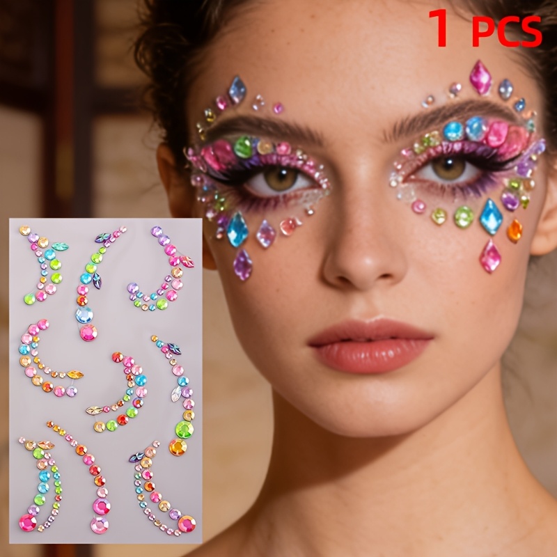 1pc Face Gems Stickers, Shiny Multicolor Teardrop Rhinestone Patterns, Self-adhesive & Sparkly, For Music Festival, Rave, Cosplay, Party, Eye Makeup & Accessories