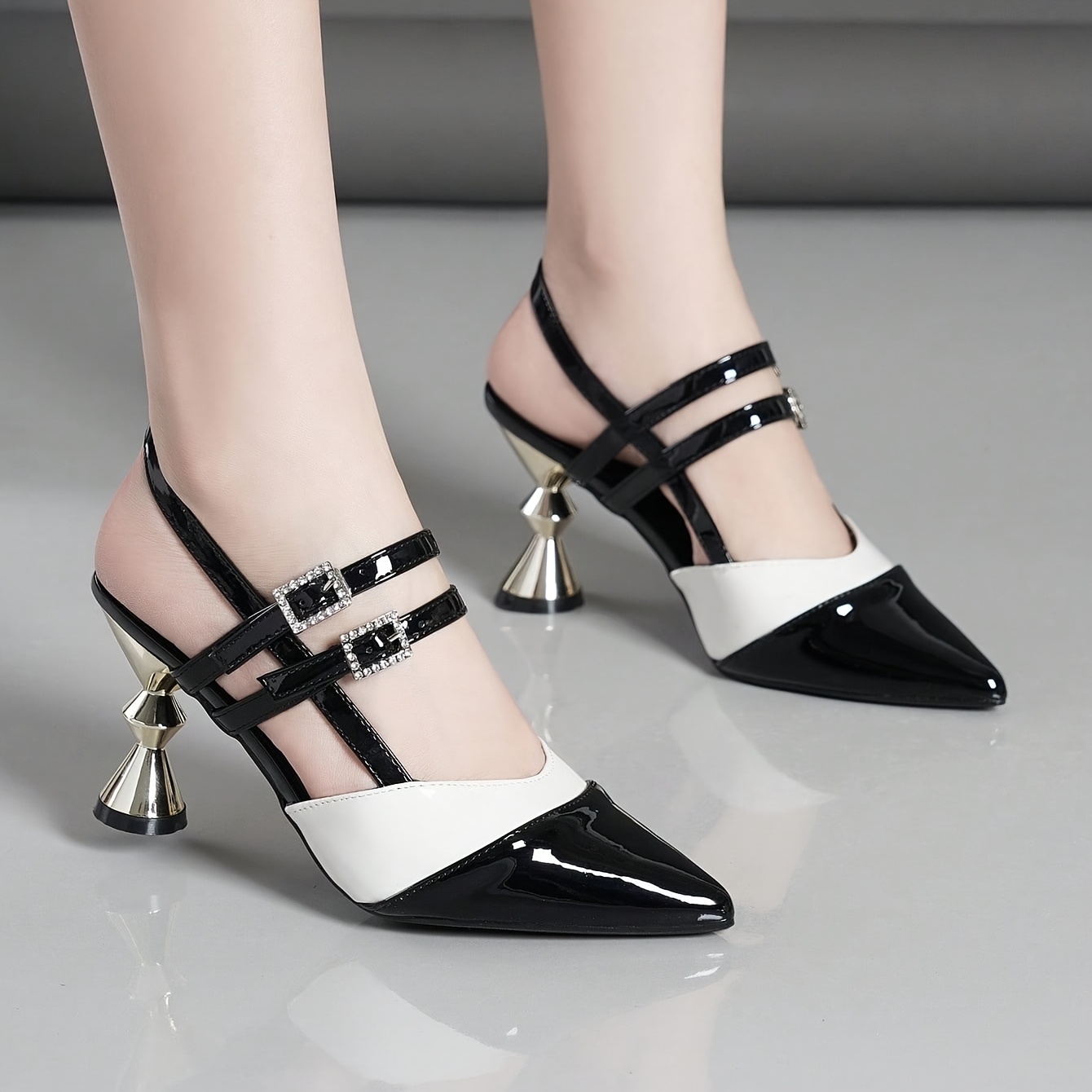 womens black white block heel pumps pointed toe synthetic Temu