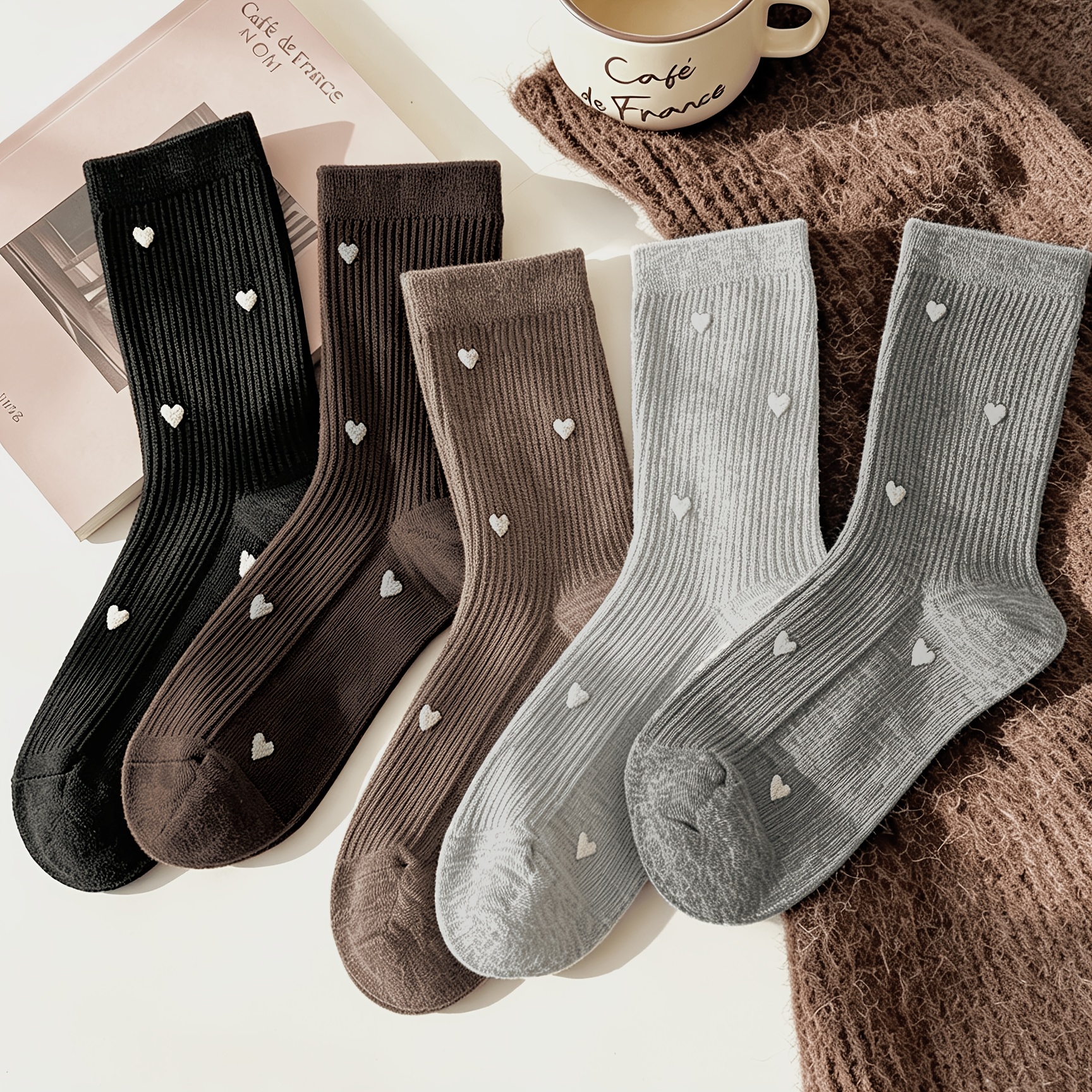 TEMU Pack de 5 de calcetines holgados pantorrilla para mujer, nueva serie de color , con de corazones , color liso, versátiles, casuales y de uso