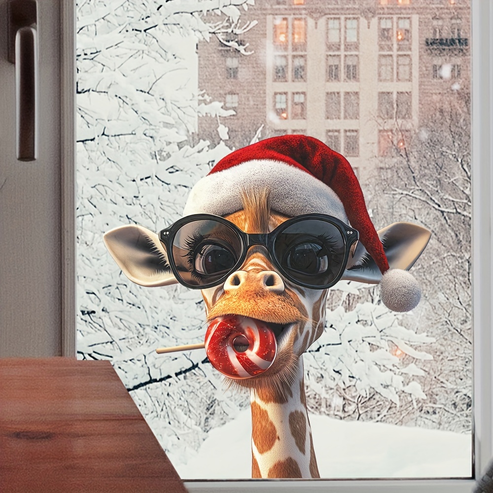 xmas giraffe with hat christmas window stickers giraffe with sunglass candy christmas window   decals for christmas party window xmas home party details 7