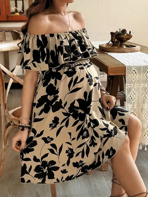 Women'S Floral Print Off-Shoulder Dress - Flowy A-Line Maternity Dress with & Floral Pattern, Non-Stretchy Fabric for Pregnancy, Casual & Formal Events Women'S Floral Print Off-Shoulder Dress - Flowy A-Line Maternity Dress with & Floral Pattern, Non-Stretchy Fabric for Pregnancy, Casual & Formal Events