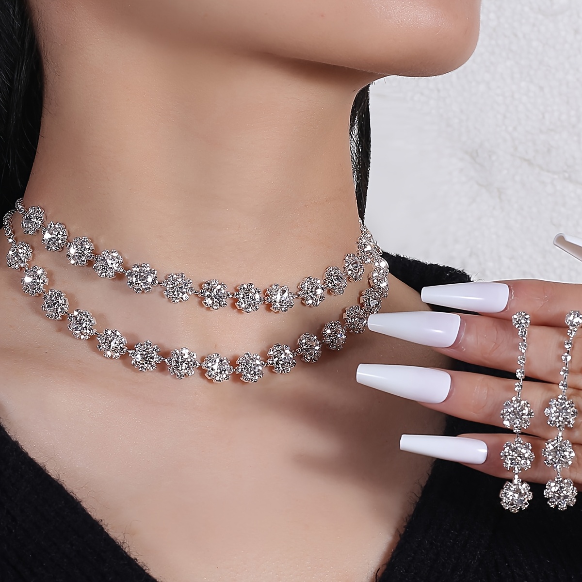 TEMU 1 Set European And Double-row Jewelry Set, Earrings And Necklace Combo, Suitable For Wedding Banquets And Party Outfits