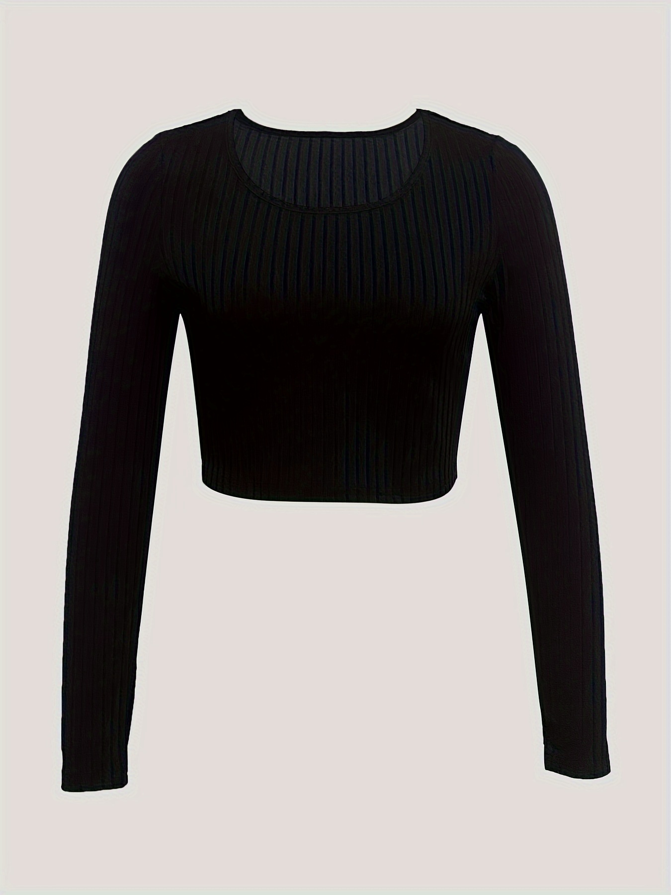 Solid Notched Neck Crop T-shirt, Versatile Long Sleeve Crop Top, Women's  Clothing