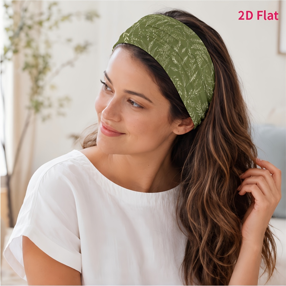 TEMU 2d Flat 1pc New Style Hair Band, Olive With White Outline Art Pattern, Suitable For Yoga/fitness/daily /skincare, Photo /outing, Easy And