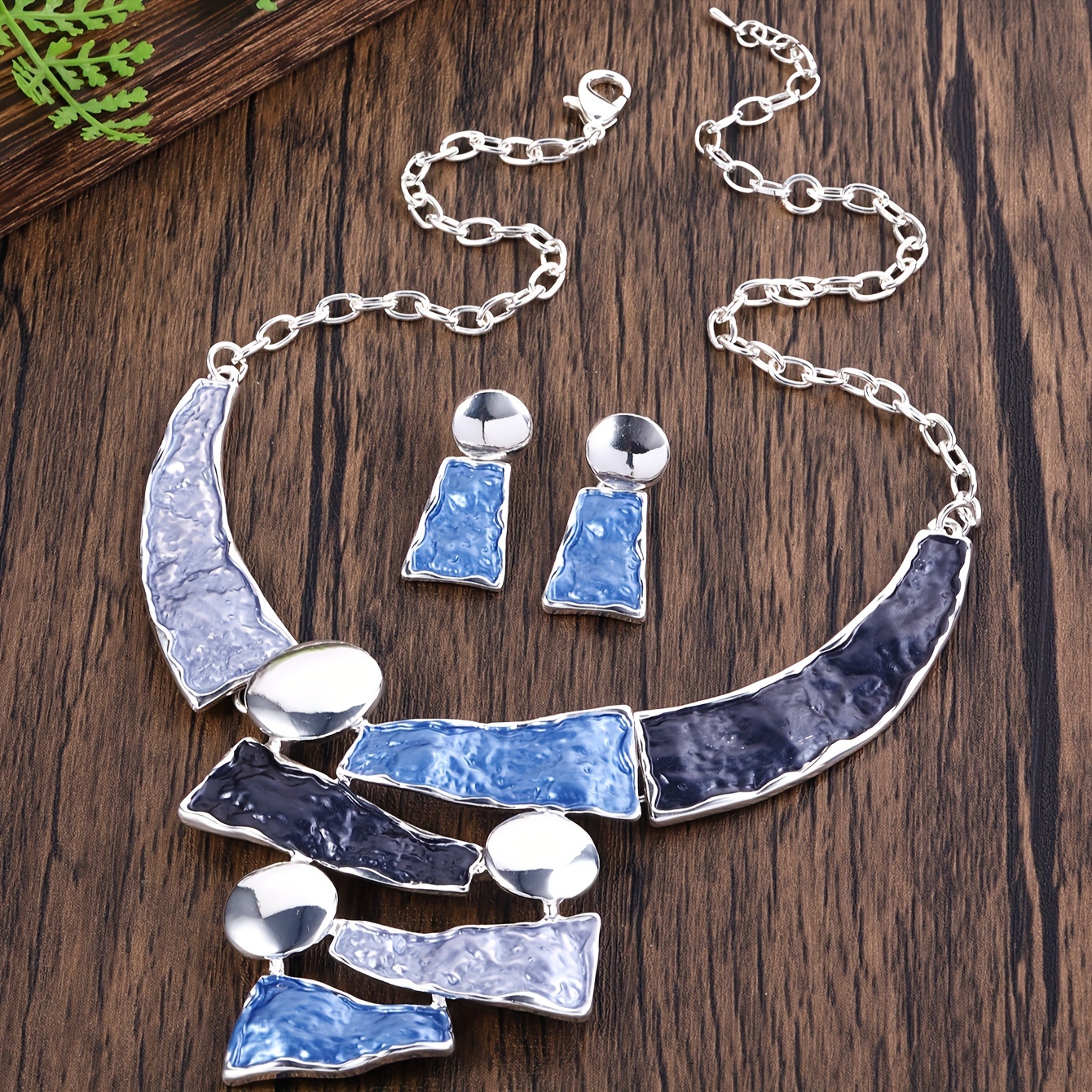 TEMU Elegant Geometric Alloy Jewelry Set, Hollow-out Colorblock Oil-drip Necklace And Earrings Set, Versatile Fashion Accessory For Women, With For , Parties, And Campus Celebrations - All