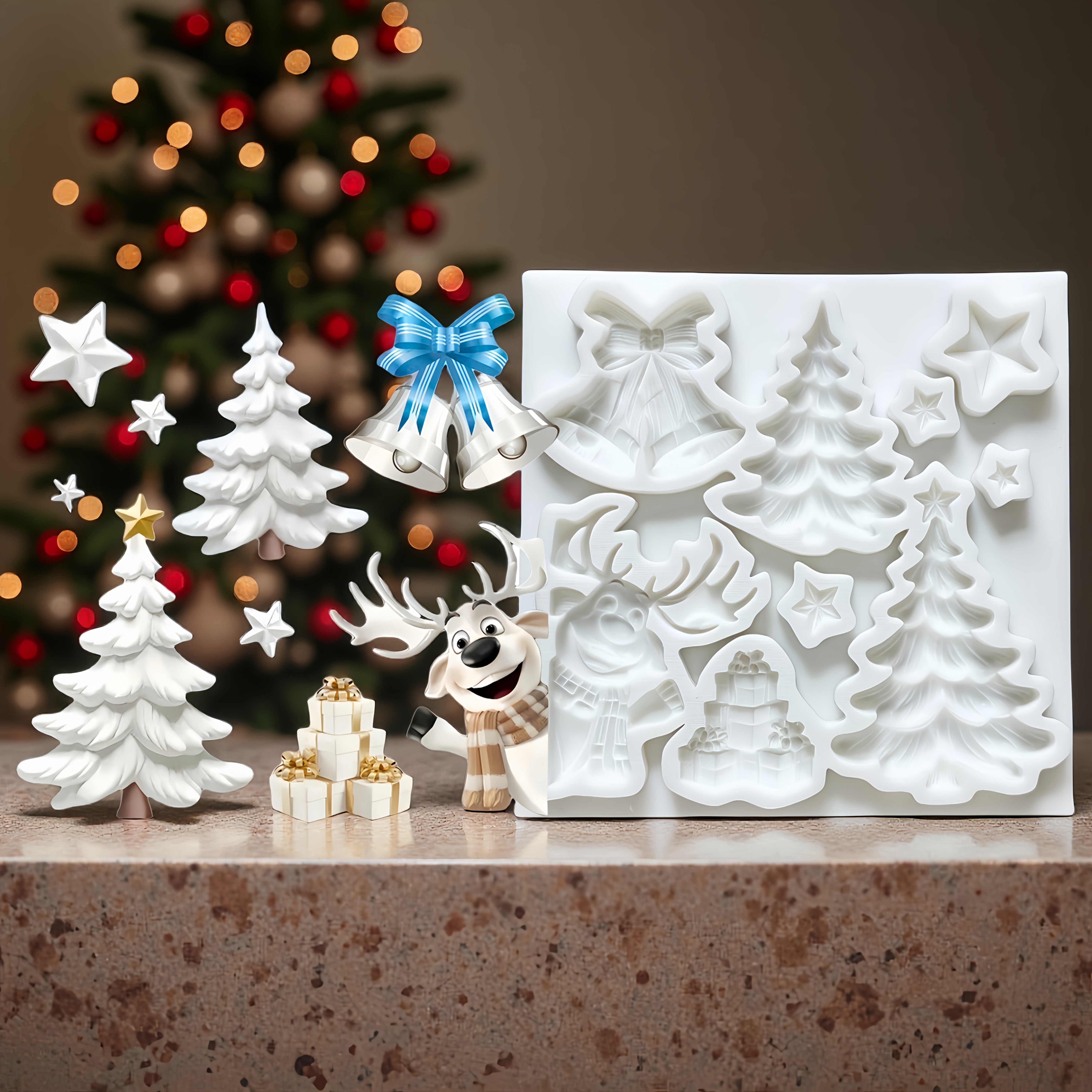 Image of Christmas-themed Silicone Mold, Including Cake Molds In Of Santa Claus, Snowman, Bells, Christmas Tree, Small House, Etc., Used For Making Handmade Works Such As Baking Decorations And