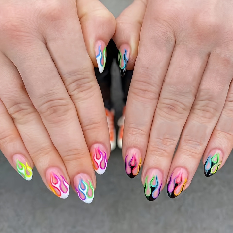 TEMU 24pcs Of Almond Wearing Nails, Dopamine Flame Fake Nails, , European And American Cute Cartoon Hot Temperament Fashion Casual Fake Nails Patch