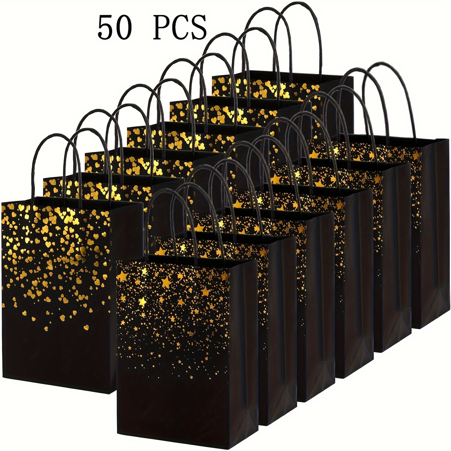 Image of Gift For Her/him 50pcs Paper Gift Bags, Black Bags Bulk Paper Bag Party Favor Bags For Wedding Birthday Easter Mother's Day Grad Party, Christmas, Halloween