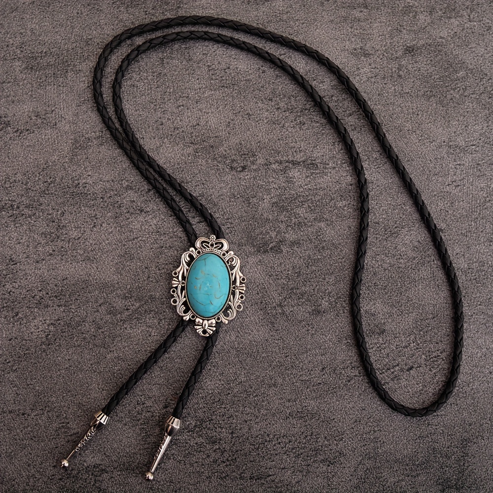 TEMU 1pc Western Style Bolo Tie Necklace - Pu Leather Cord With Turquoise Stone, Irregular , Adjustable Long Length For Women, Casual Attire & Gift, Casual Jewelry, Rustic Accessory, Handcrafted Look