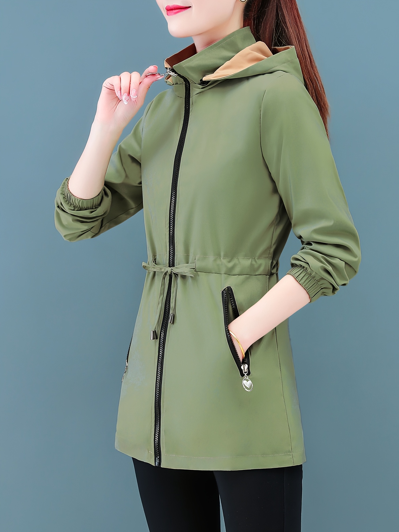 Chaqueta reversible larga para mujer de dos lados, abrigo cortavientos con cintura ajustable, cierre de cremallera delantera/trasera, color verde oliva/tela sin estirar, para oficina, fiestas, uso diario, lavable a máquina, ropa exterior de otoño y primavera, prenda casual con capucha, ideal para capas