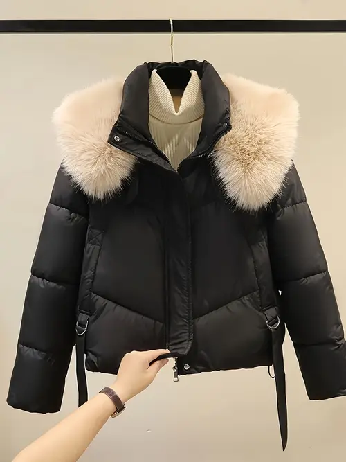 여성용 우아한 겨울 퍼 칼라 재킷 - 흰색 인조 퍼 트림이 있는 블랙 퍼퍼 코트, 추운 날씨에 따뜻하고 스타일리시, 손세탁 또는 드라이클리닝 전용, 겨울 의류