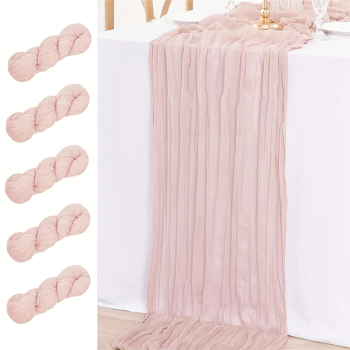 artikel foto 5-pack lichtroze kaasdoek tafelloper, landelijke boheemse  , voor bruiloften, verjaardagen, feesten, eenvoudige en handige tafeldecoratie geschikt voor kersttafeldecoratie