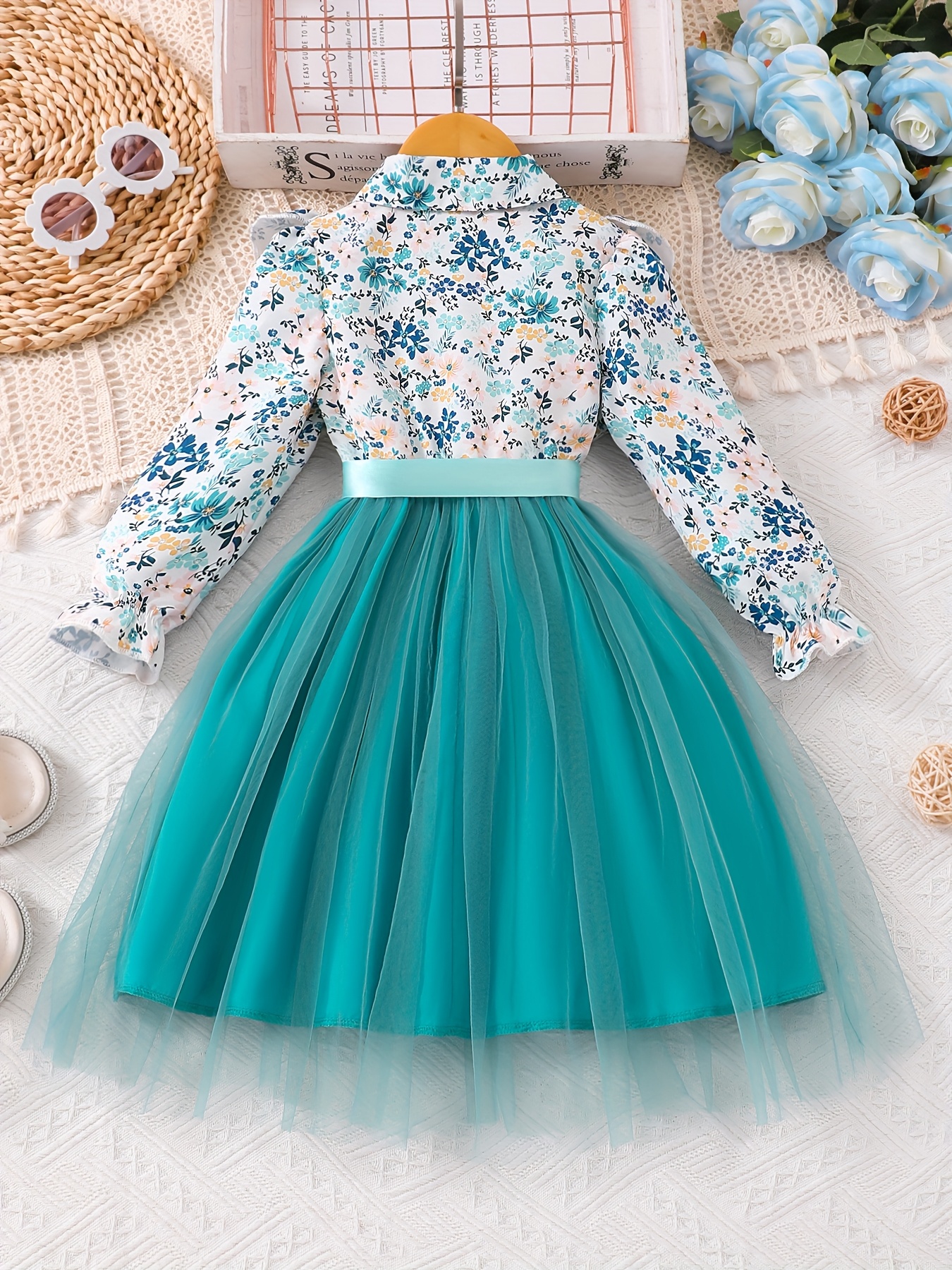 Elegant Floral Print Long Sleeve Dress with Belt - Mint Green Turned-Collar, Tulle Skirt, Perfect for Fall/Winter, Toddler Fashion, Toddler Fashion Outfit | Floral Print Dress | Glossy Fabric, Floral Print Blouse
