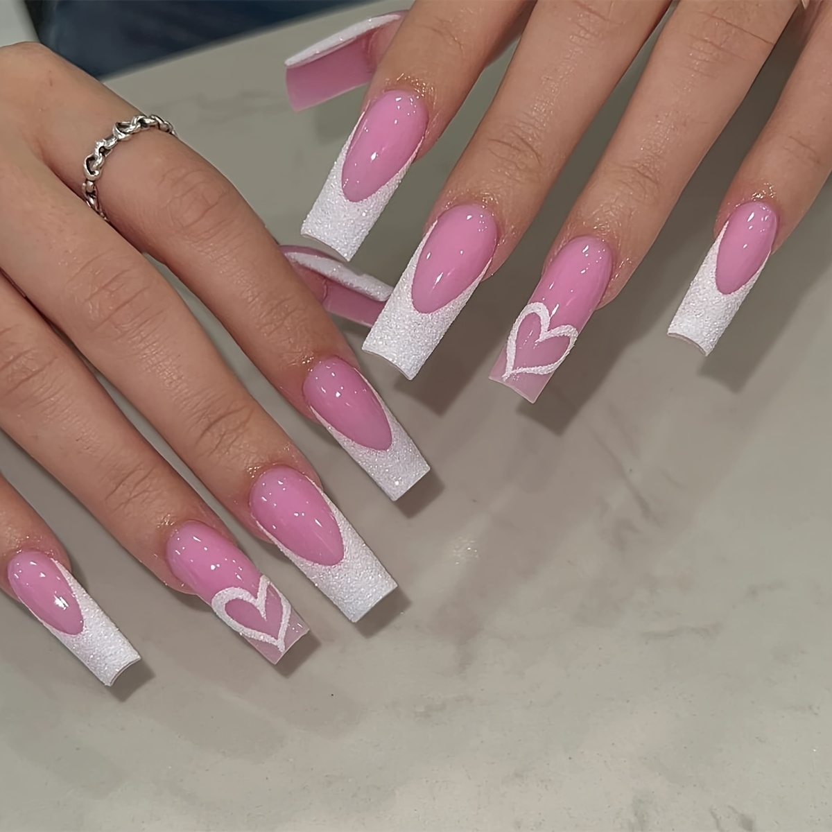 TEMU 24pcs Press-on Nails Pink White French Tip Long Square False Nails Sweet Heart Pattern Tips Removable Artificial Nails With Glue 1 Nail File 1