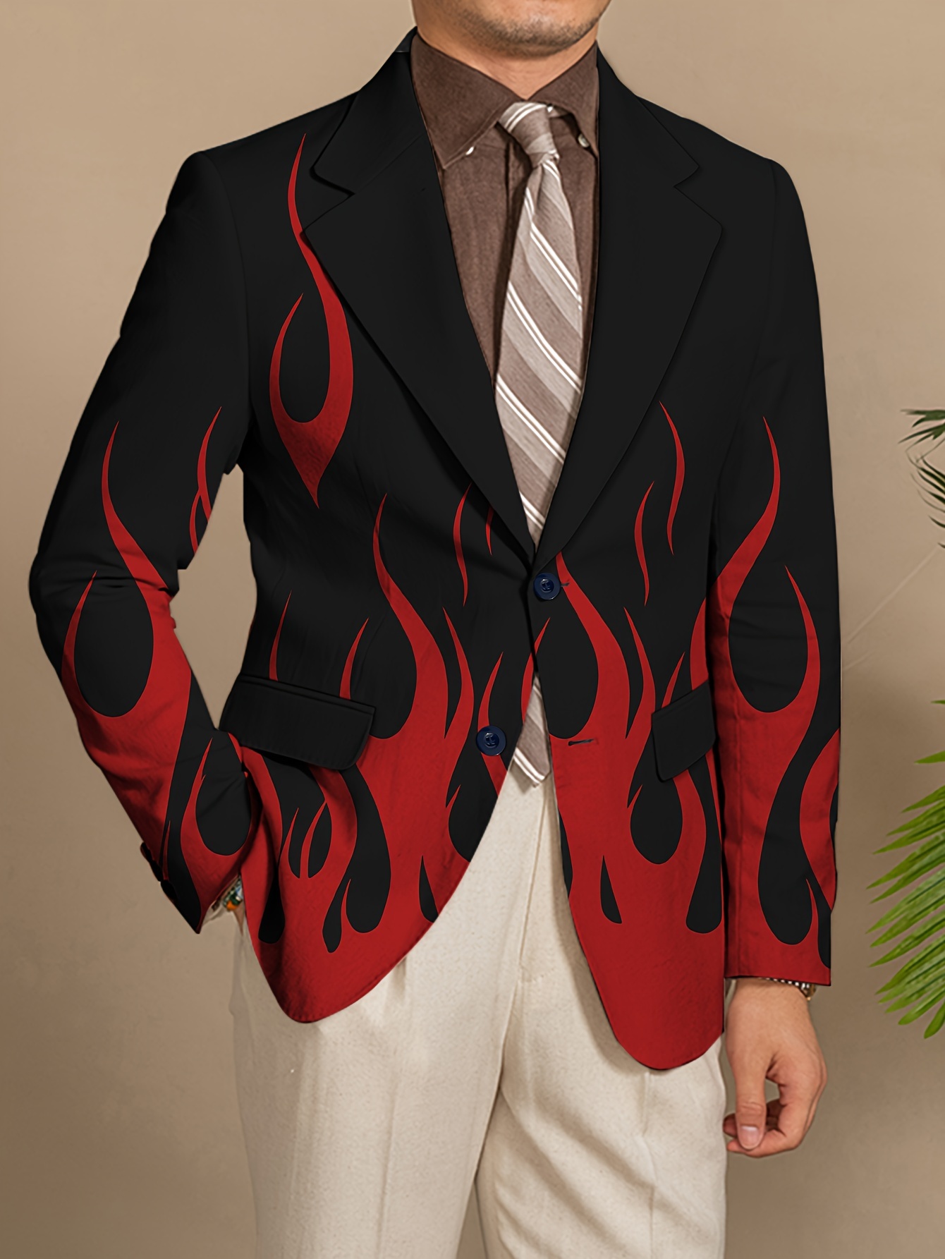 mens contrast color fire pattern notch lapel collar two button   suit jacket for   party wear males fashion 0