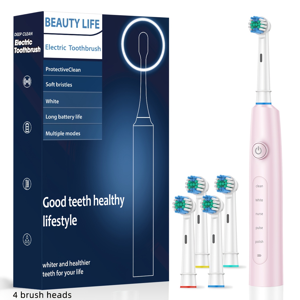 Image of Rotating Electric Toothbrush With 4 Replaceable Brush Heads + 1 Main Unit, In 3 Elegant Colors, Usb Charging, Long-lasting Battery, Suitable For Men And Women, 2004
