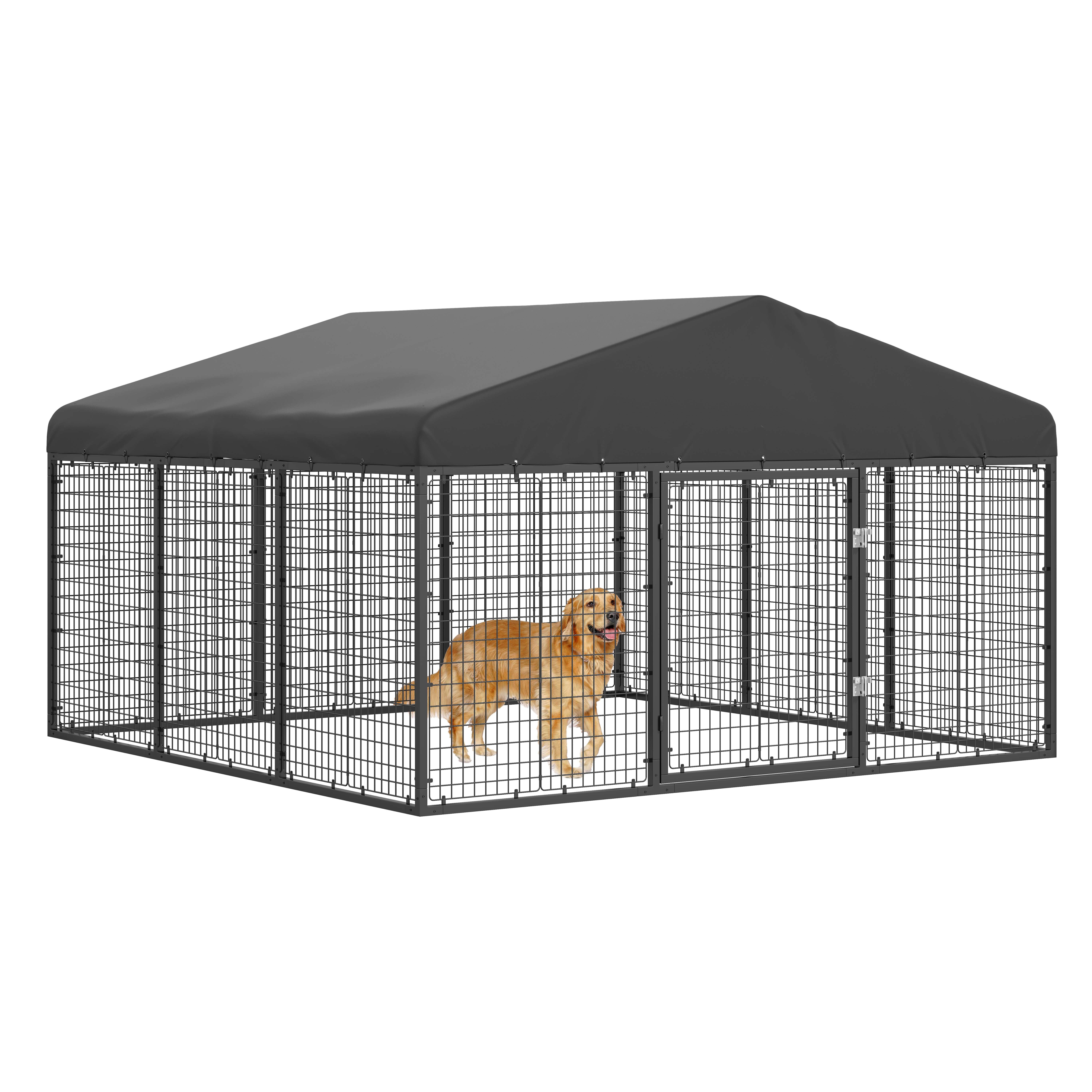 TEMU Large Outdoor Dog Kennel, Heavy Duty Cage Fence With Roof Cover And Locks, With Rain Cover, Large