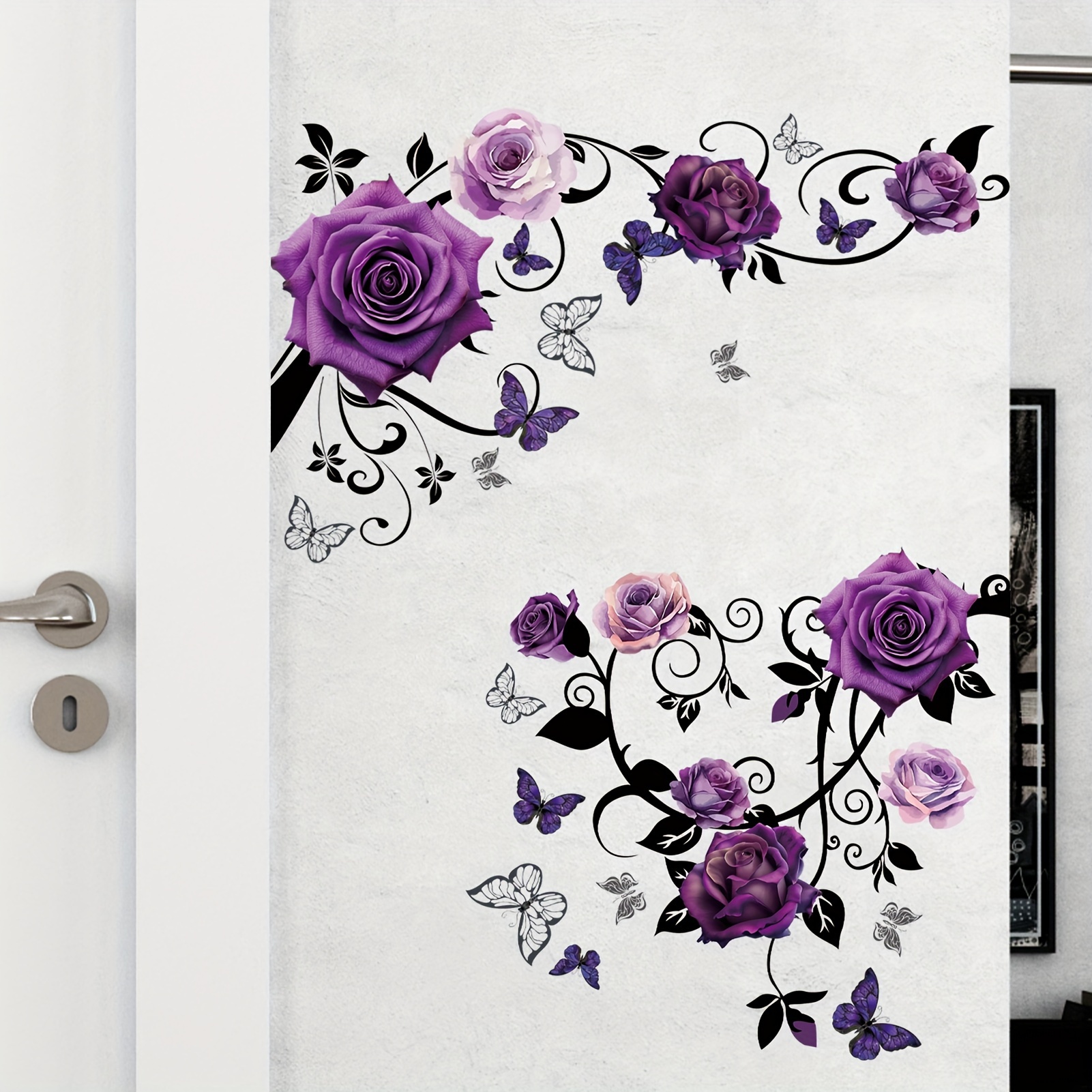 

1pc Creative Vinyl Wall Sticker, Purple Rose Flowers Print, Removable Waterproof Self-adhesive Wall Sticker For Bedroom, Entryway, Living Room, Porch, Home Decoration