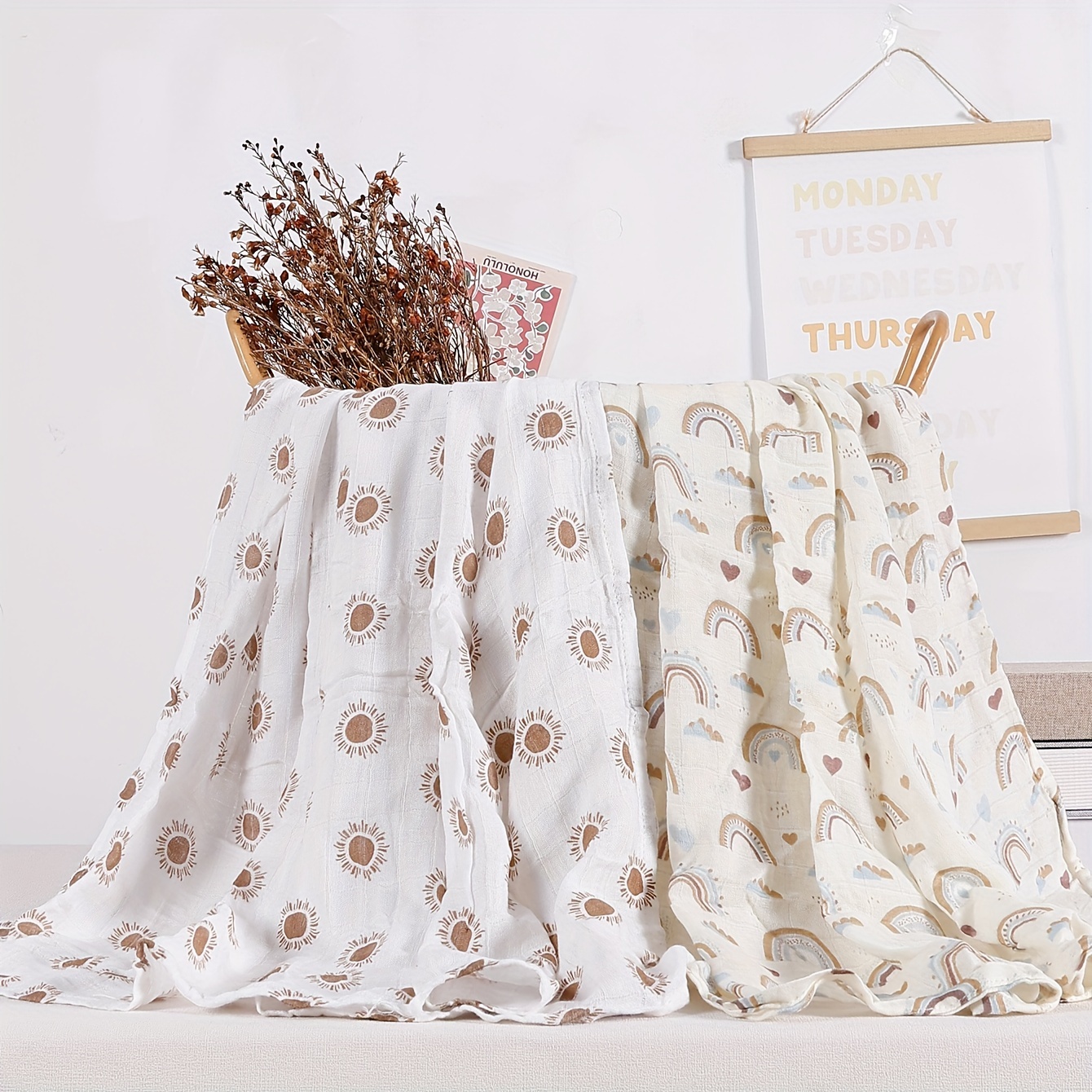 

2pcs Rainbow-filled Soft Bamboo Cotton Baby Muslin Swaddle Blankets - Perfect For Your Little Sunshine!