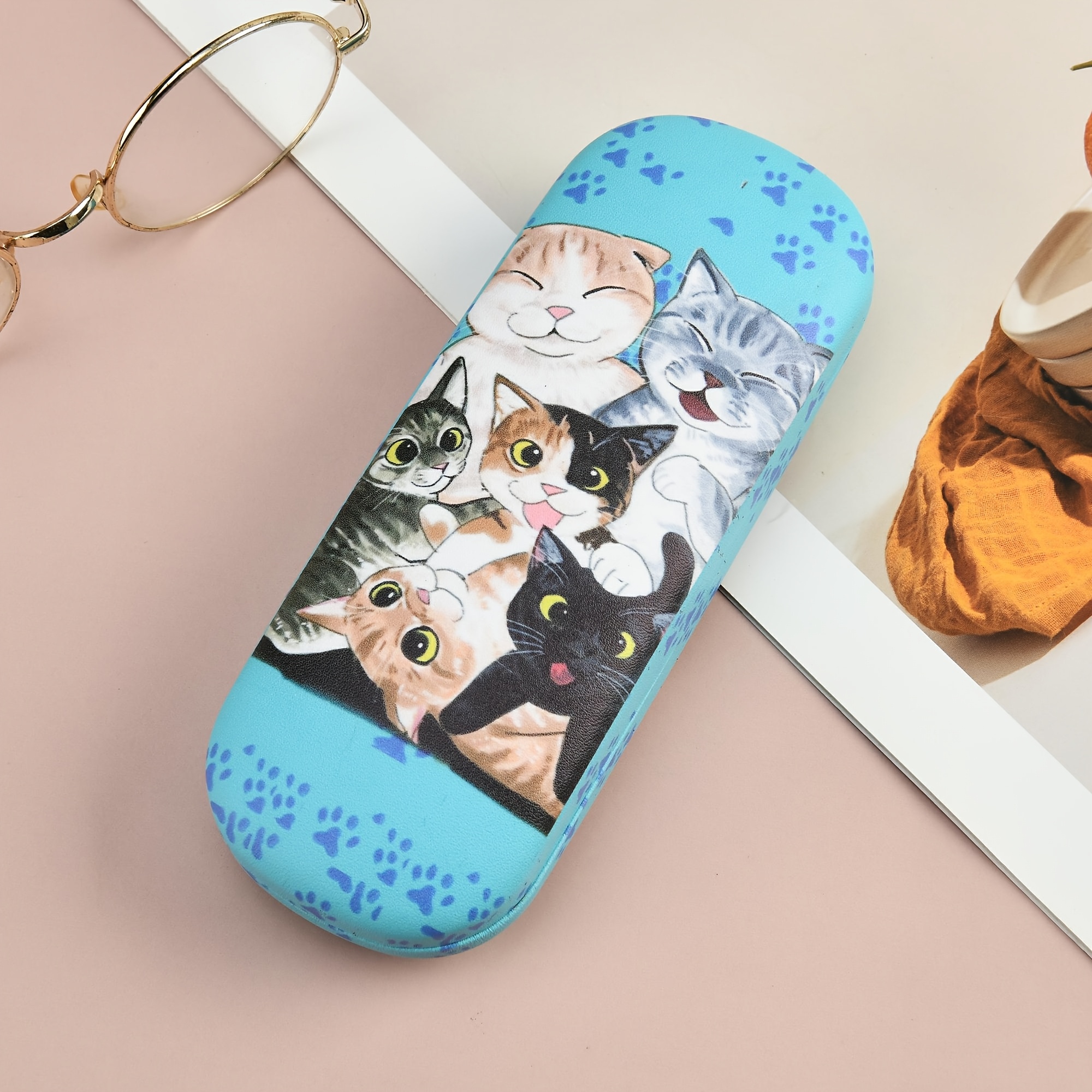 Cute Cat Print Glasses Case, Portable Storage Box