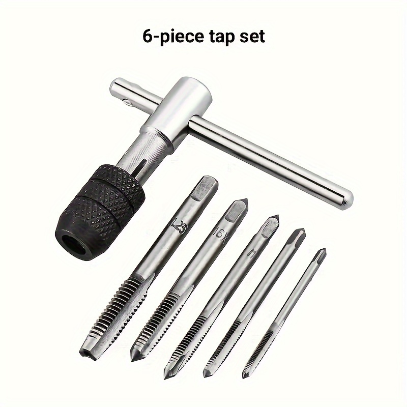 TEMU 6-piece Alloy Steel Tap Set With Adjustable T-handle Ratchet Wrench - Combination Drill And Tap Set With M3, M4, M5, M6, M8 Metric Plug T-taps For Metal, Aluminum, Plastic & Wood Threading