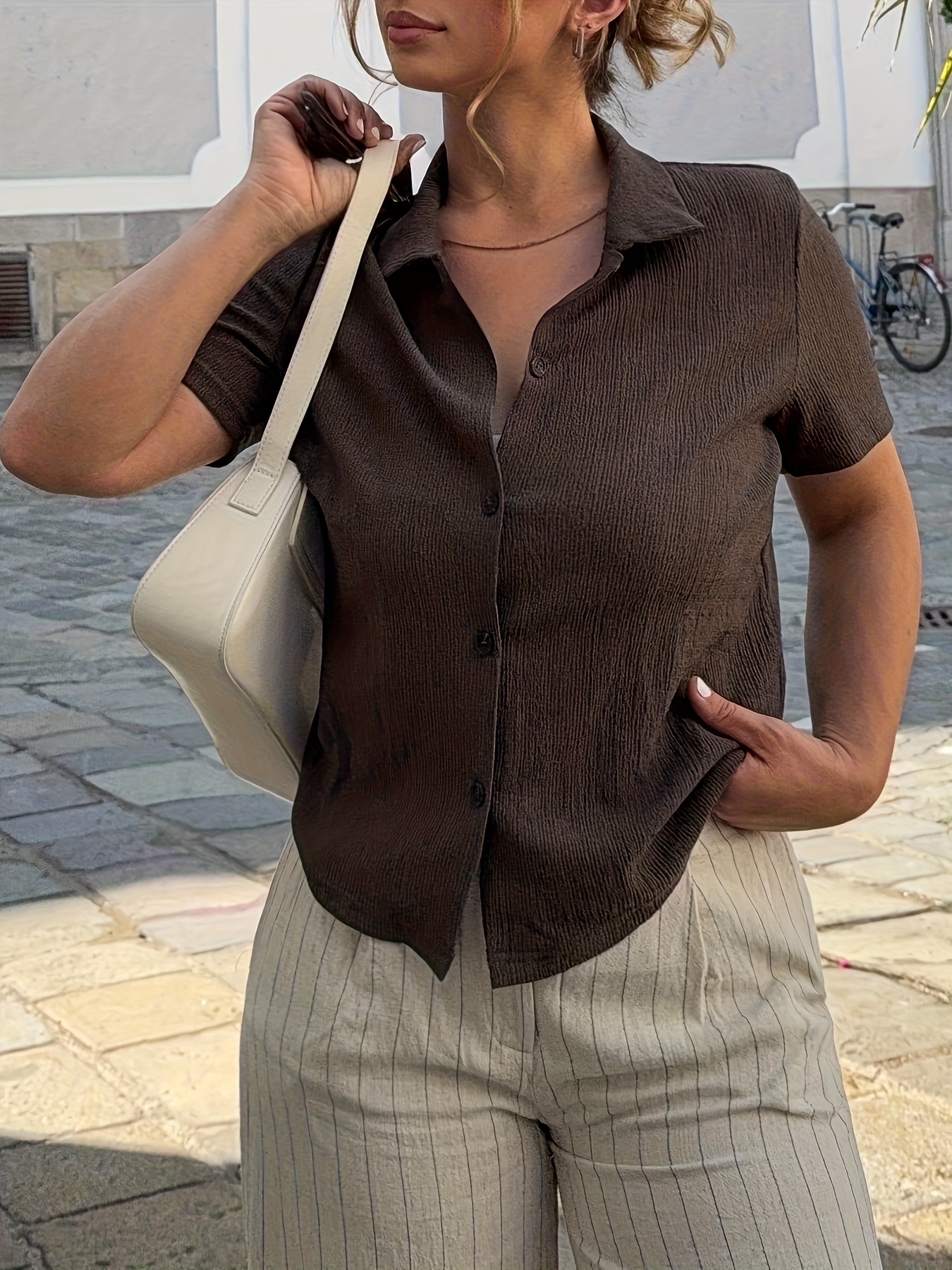 Women's Solid Color Textured Casual Short Sleeve T-Shirt, Spring/Summer, Elegant Mature Style, Daily Commute Wear