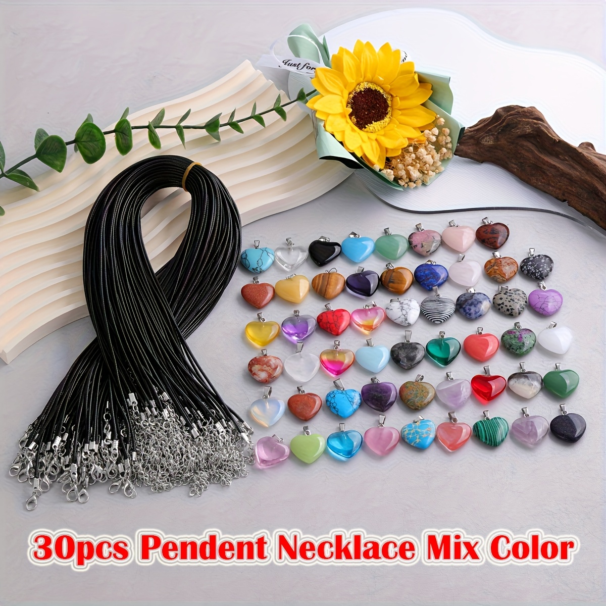 Image of 30pcs Multicolor Natural Stone Crystal Heart Pendants With Black Necklace Chains For Jewelry Crafting