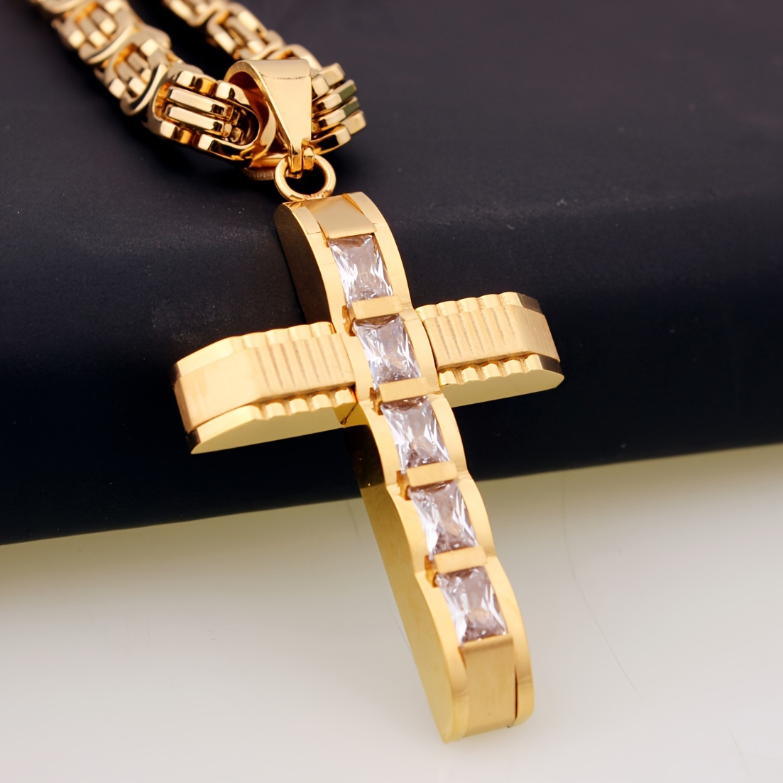 mens stainless steel golden cross pendant necklace details 6