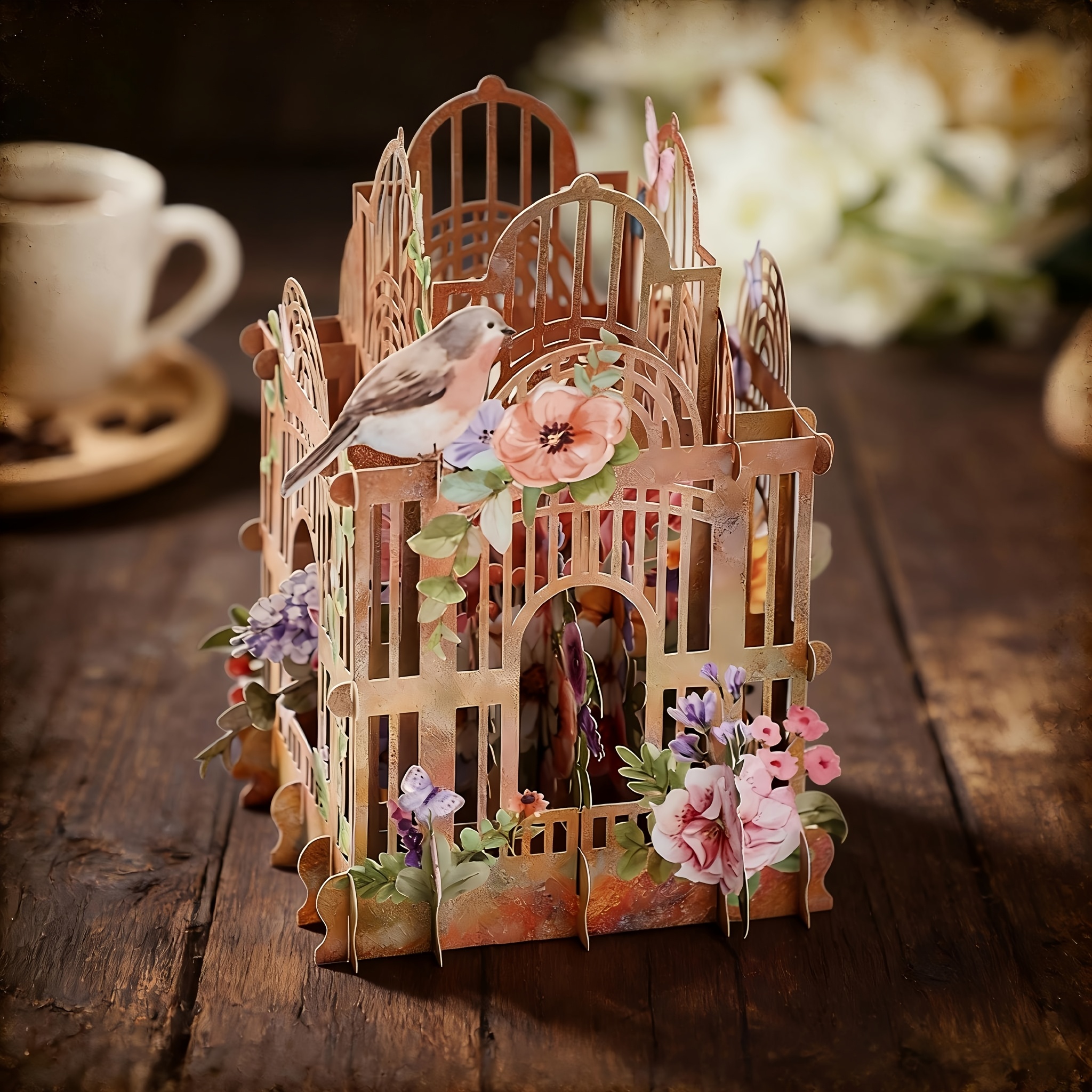 TEMU 3d Pop Up Greeting Card, Vintage Birdcage Flower Handmade Greeting Card, Romantic Birthday Mother's Day Anniversary Gift For Her, Exquisite