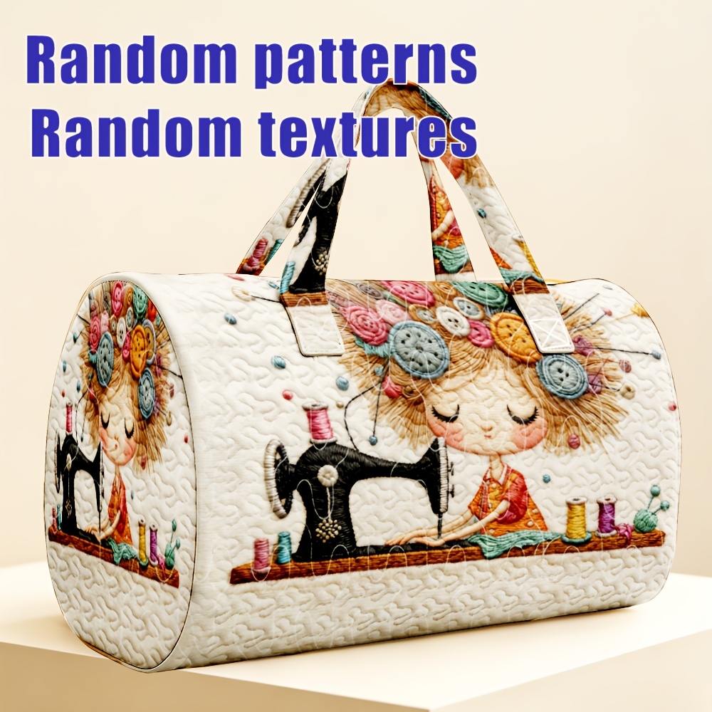 TEMU Bolso tote acolchado a , 1 pieza, para mujer - Estampado de máquina de coser vintage, bolso de cilíndrico con capacidad de viaje espaciosa,